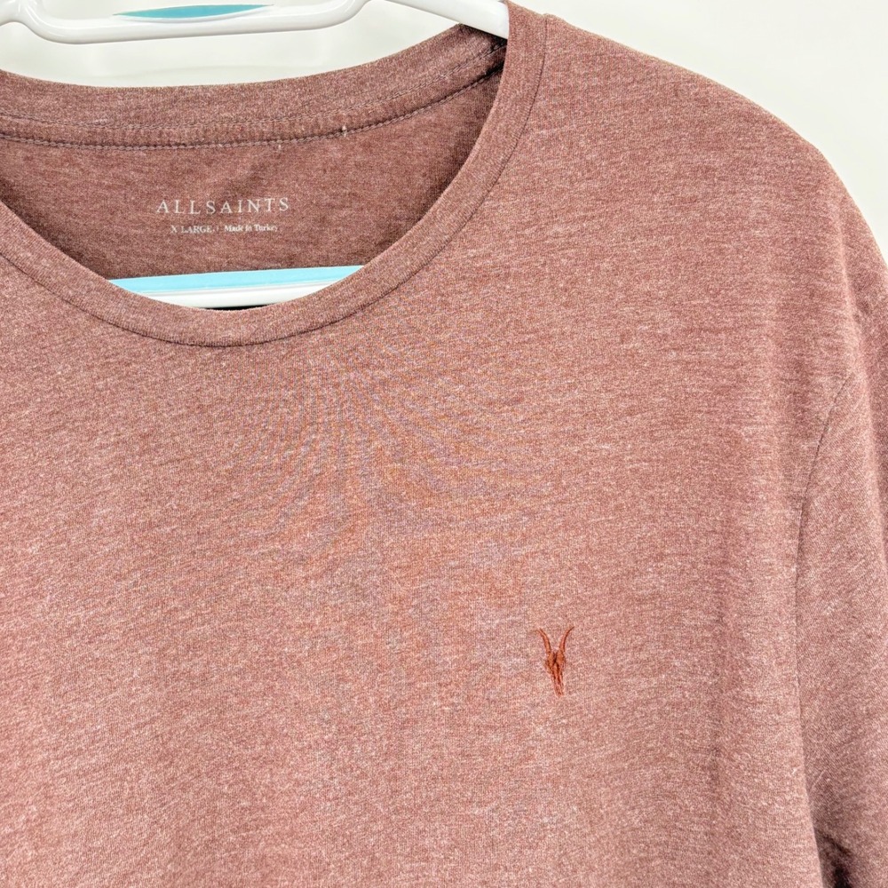 All Saints Brace Tonic Crew T-Shirt Mens XL Brown Heather Ramskull Logo MD131G‎